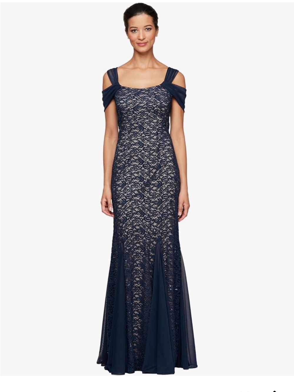 NWT Alex Evenings Long Cold Shoulder Gown Navy / Nude lace sz 8